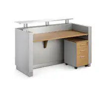 Compact reception desk with steel sides and wooden storage.