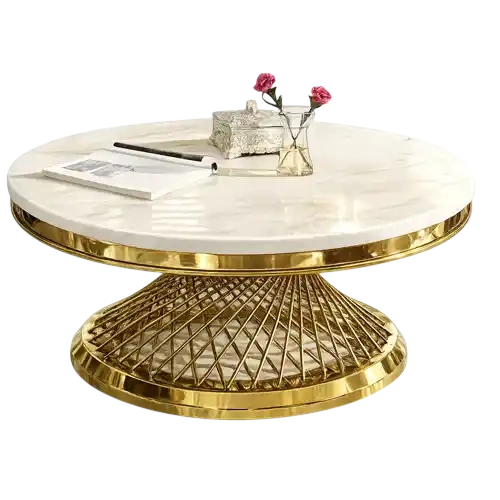 Round marble coffee table with gold base.