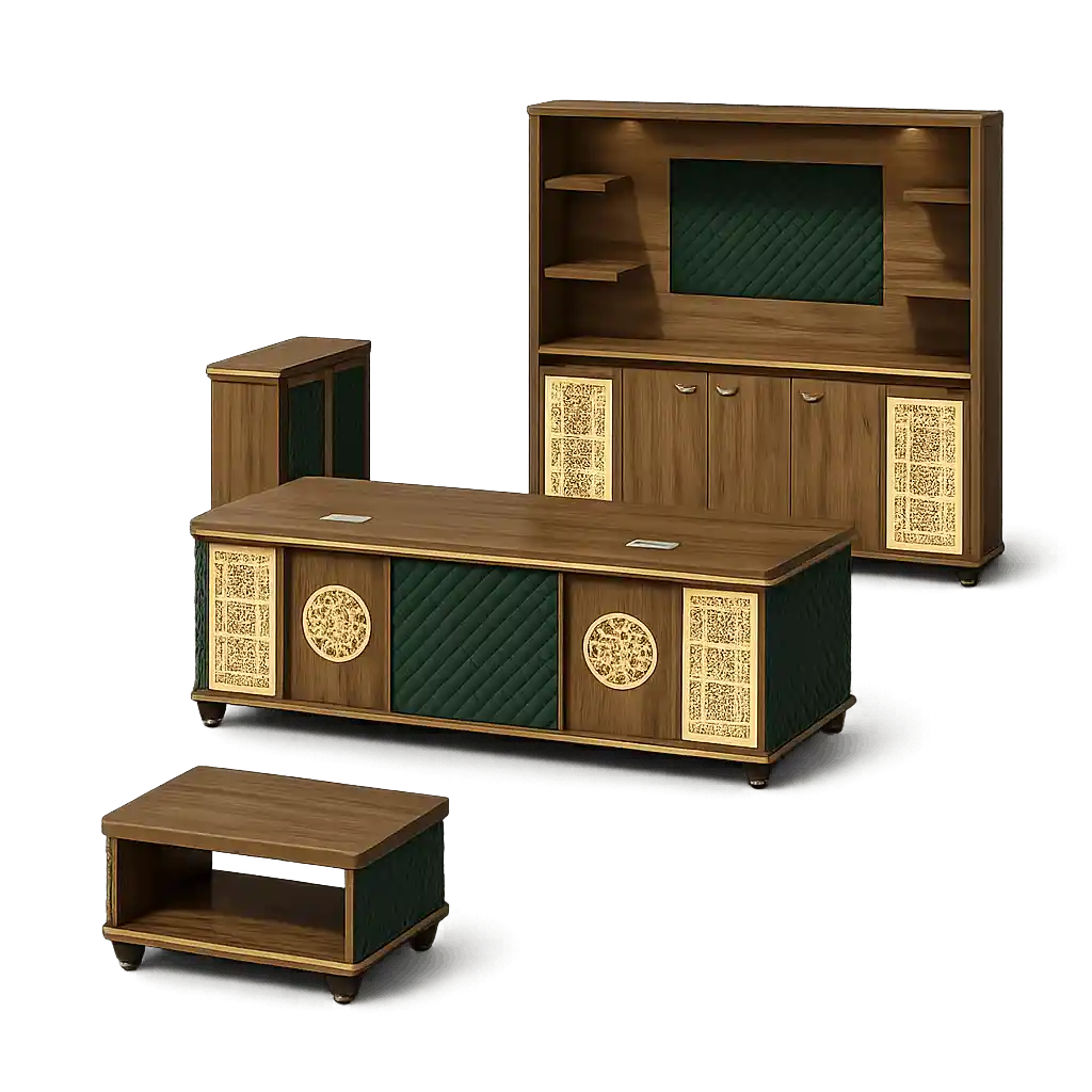 Luxury wooden TV cabinet with shelves and storage.