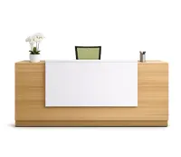Minimalist reception desk with wooden finish and white front panel.