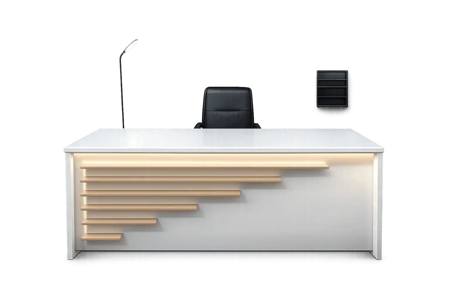 Custom modern reception desk with premium front panel design for office reception areas.