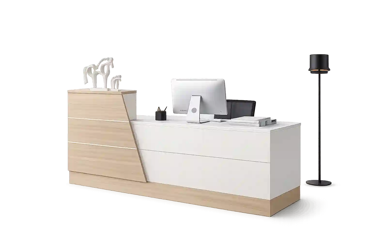 Modern office reception desk with elegant wooden finish and workspace setup.