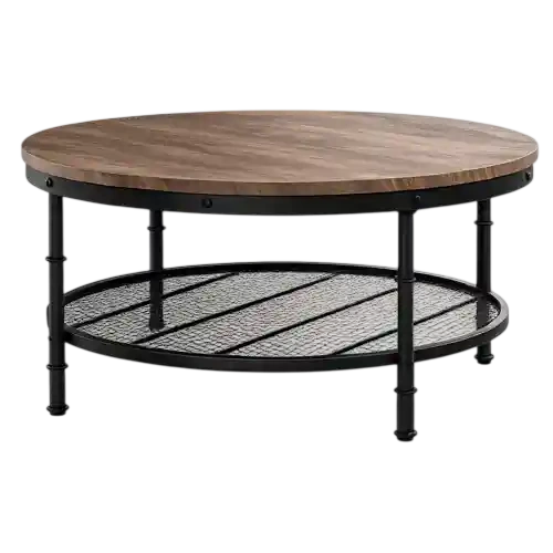 Round wooden meeting table for office discussions.