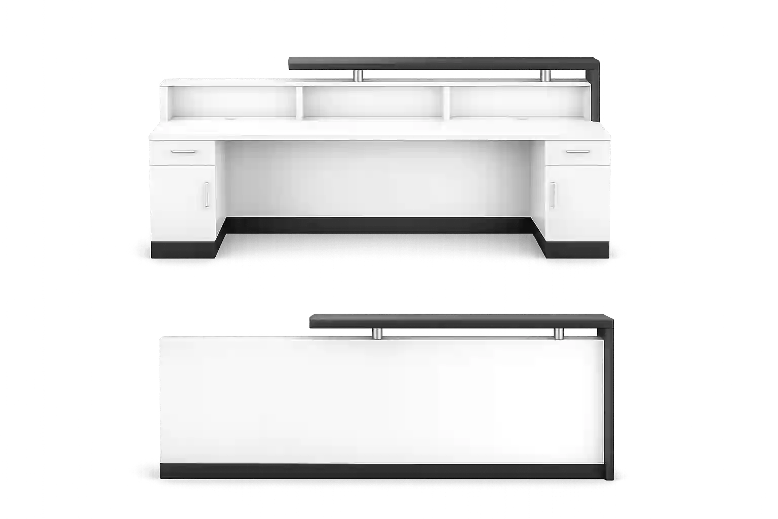 Modern white reception counter design for commercial office spaces in Qatar.