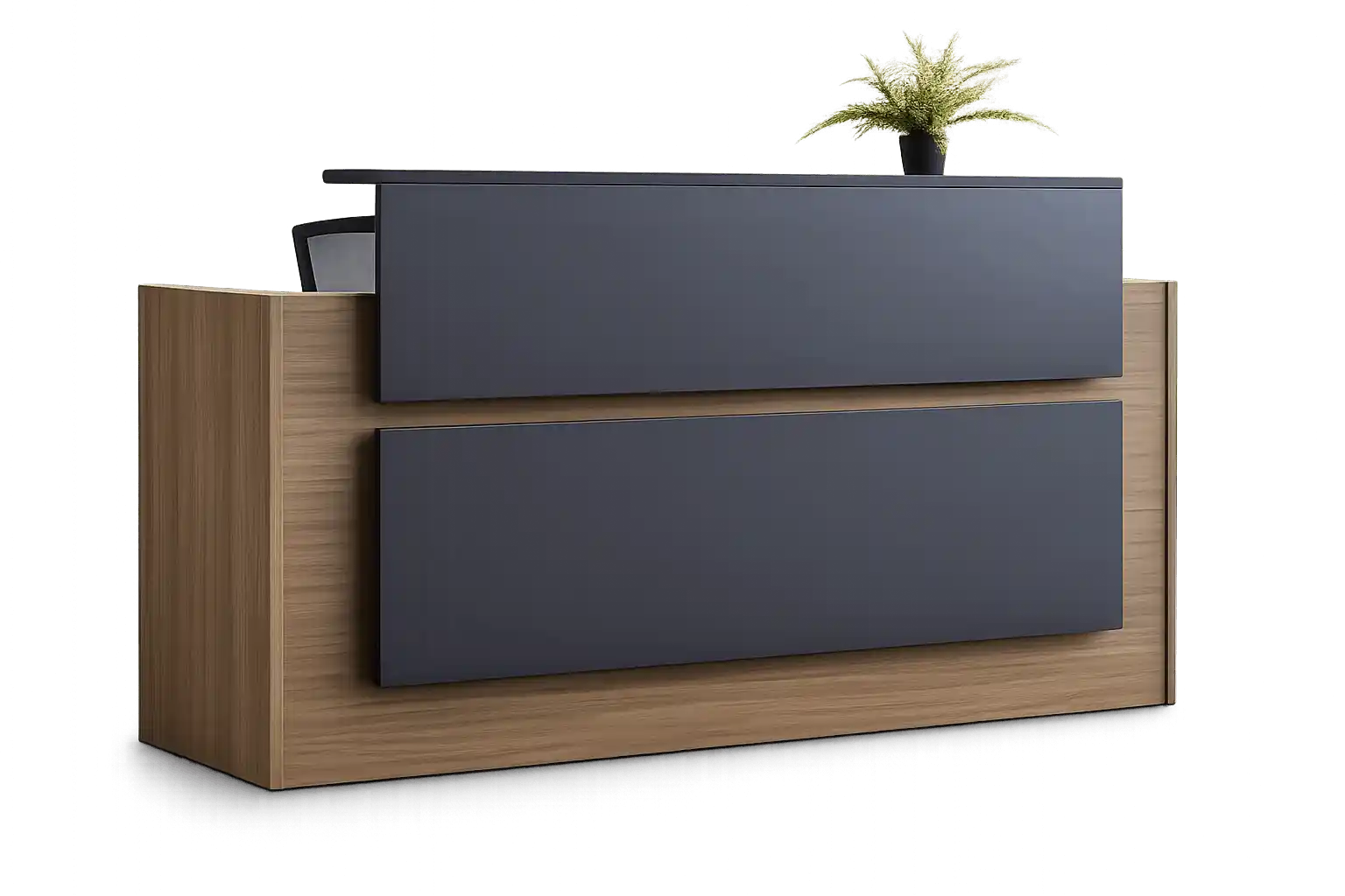 Modern wooden reception counter with dark front panels and contemporary office reception desk design.