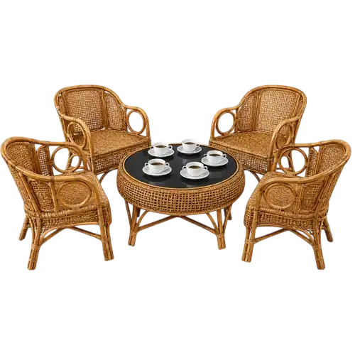 Rattan sofa set with round table and chairs.