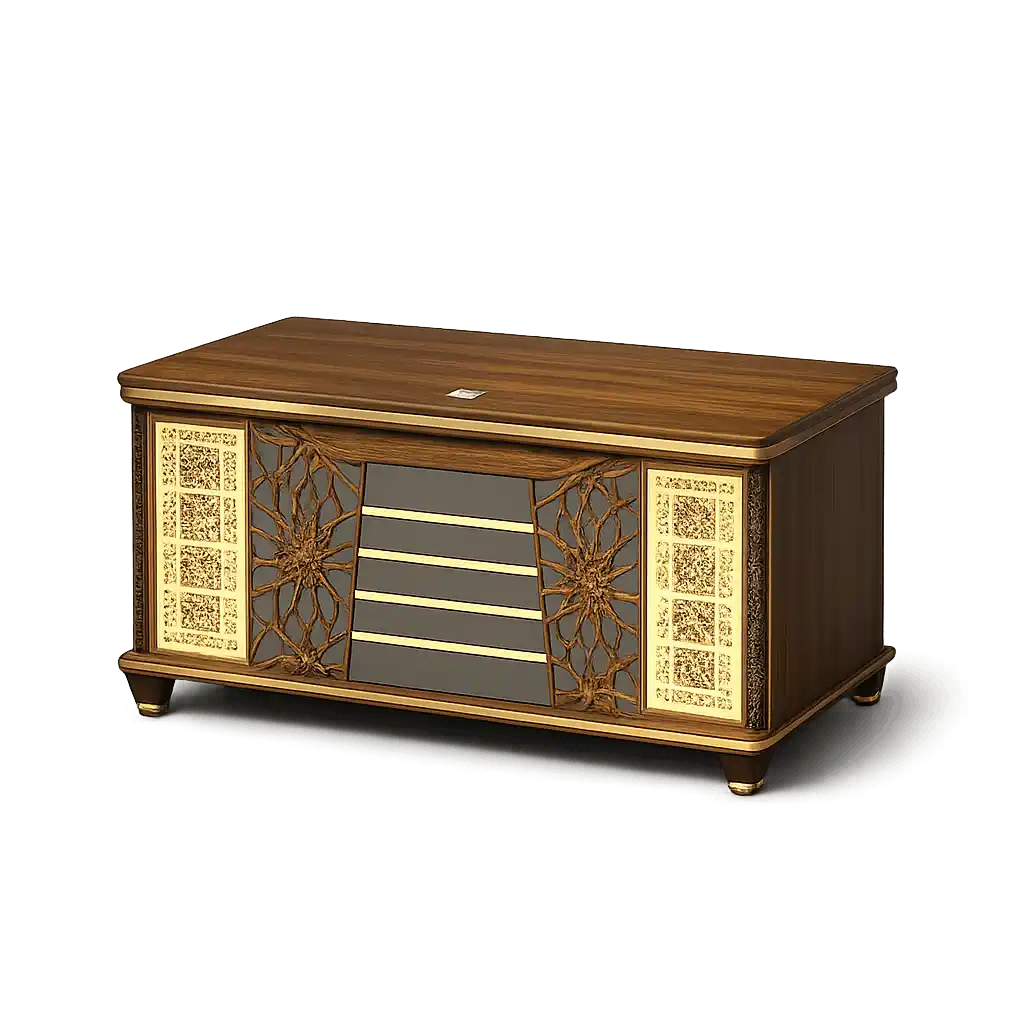 Wooden center table with decorative design.