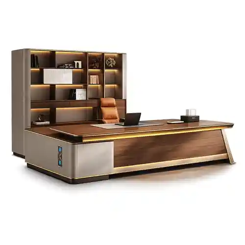 Reception office desk with storage shelves.