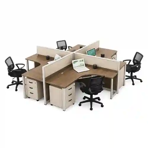 Collaborative office workstation with seating arrangement.