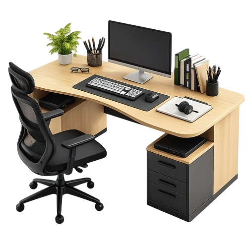 Modern computer workstation desk with storage drawers.
