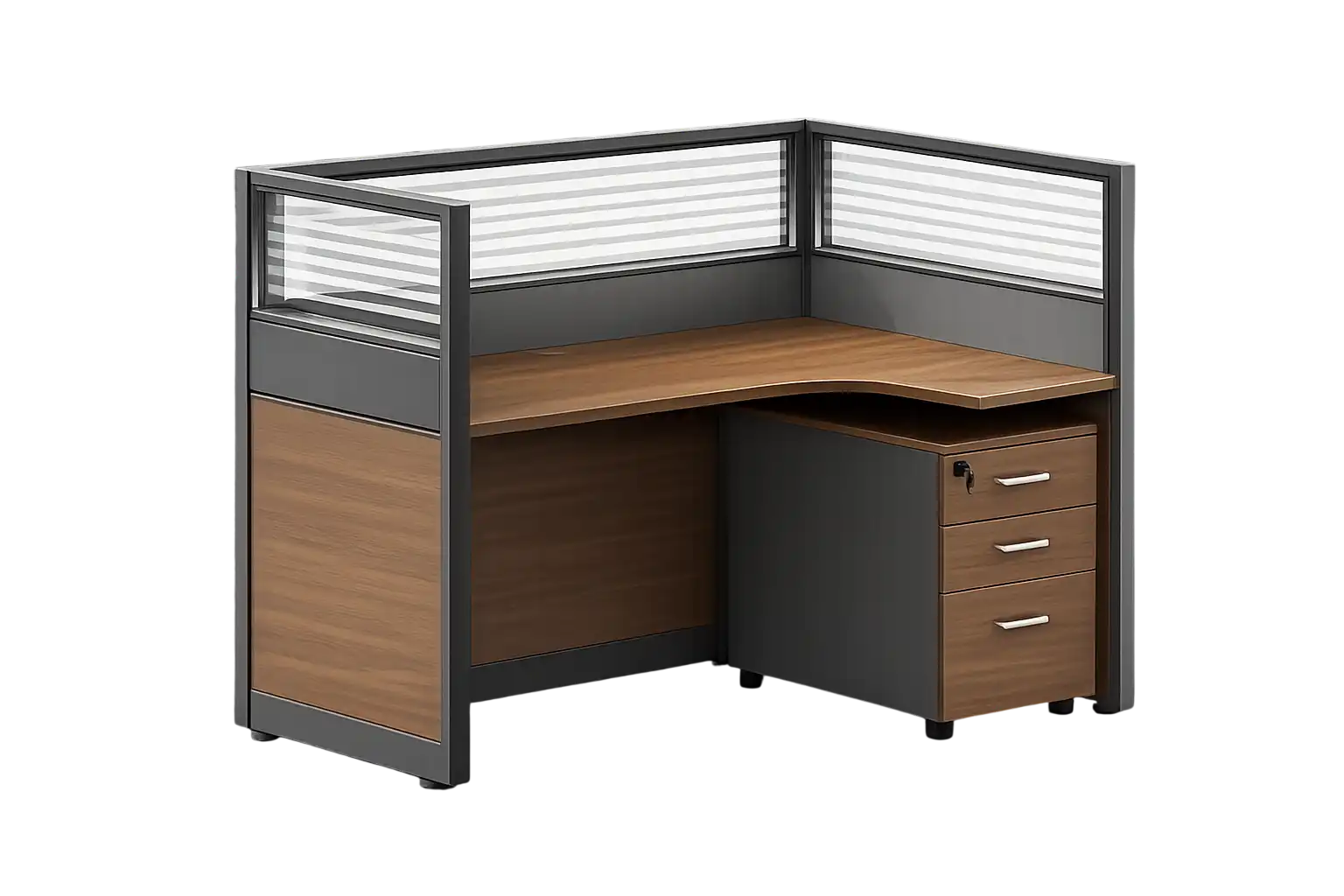Wooden corner workstation desk with drawers.