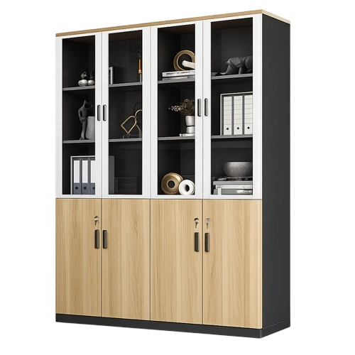 Wooden display cabinet with shelves and storage.