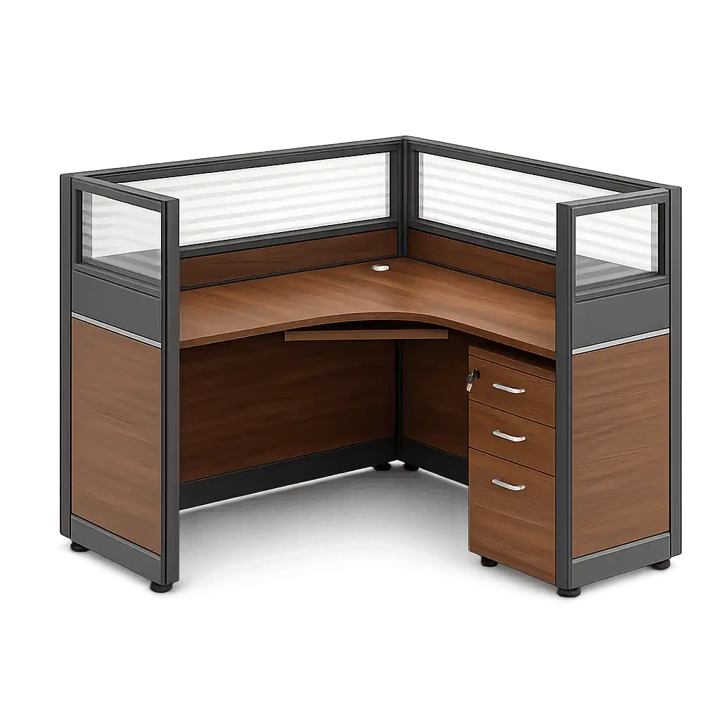 Wooden office cubicle workstation with partitions.