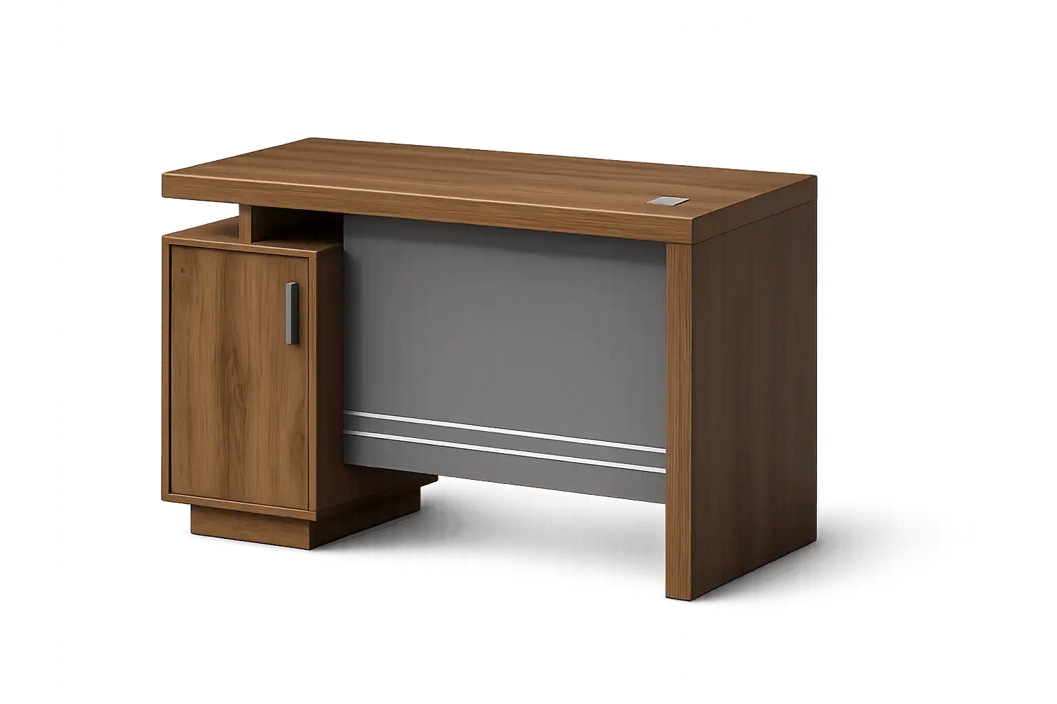 Modern wooden office desk with side storage cabinet.