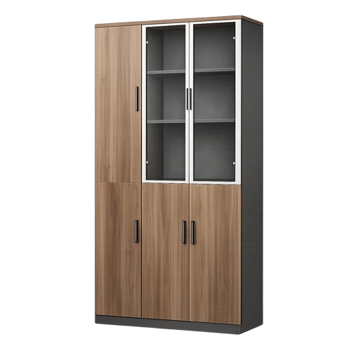 Wooden storage cabinet with glass display doors.
