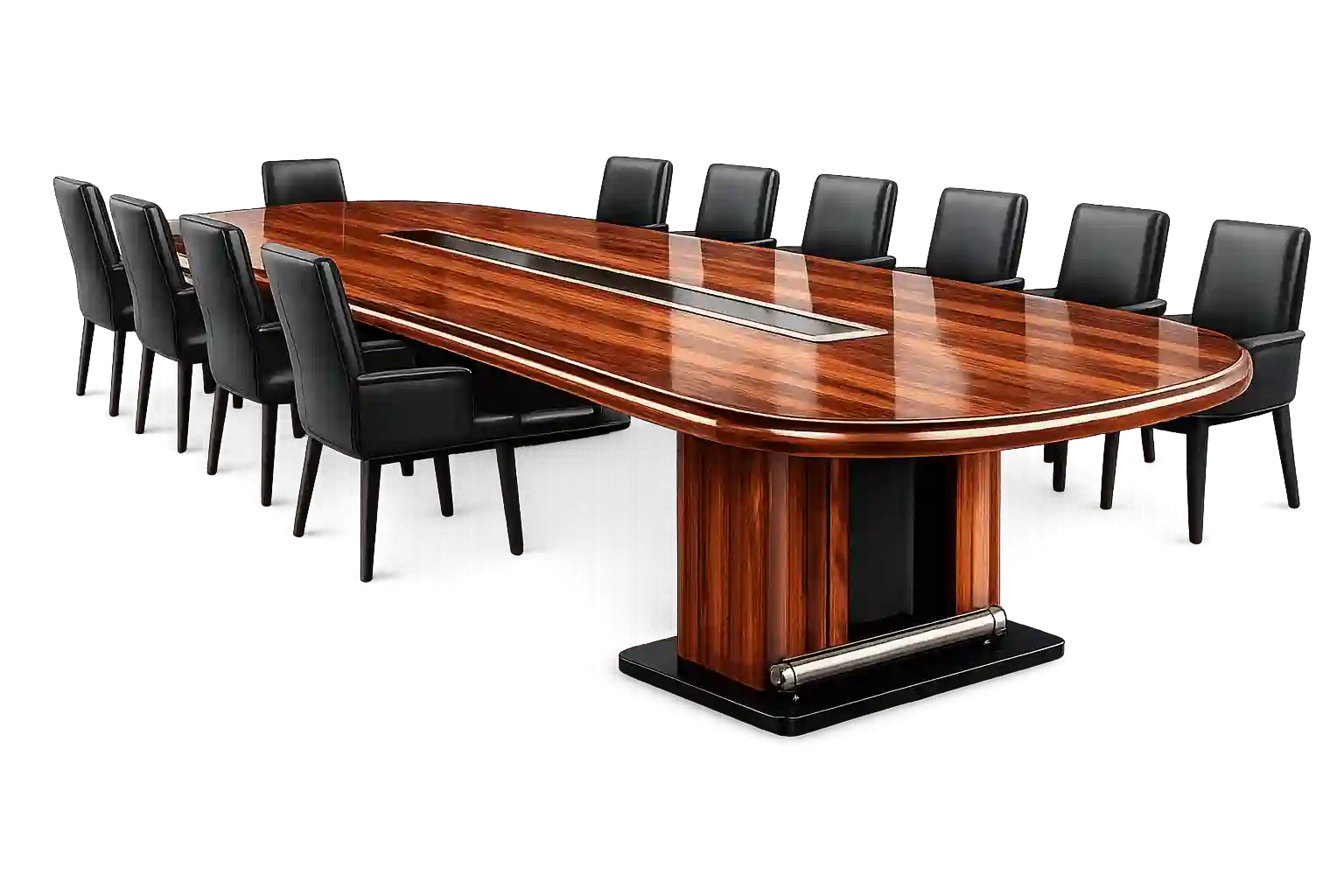 Executive boat shaped boardroom table for corporate conference rooms.