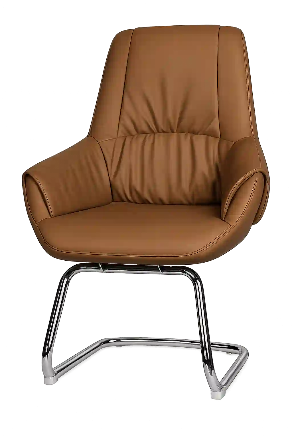 Brown cushioned visitor chair with chrome base.