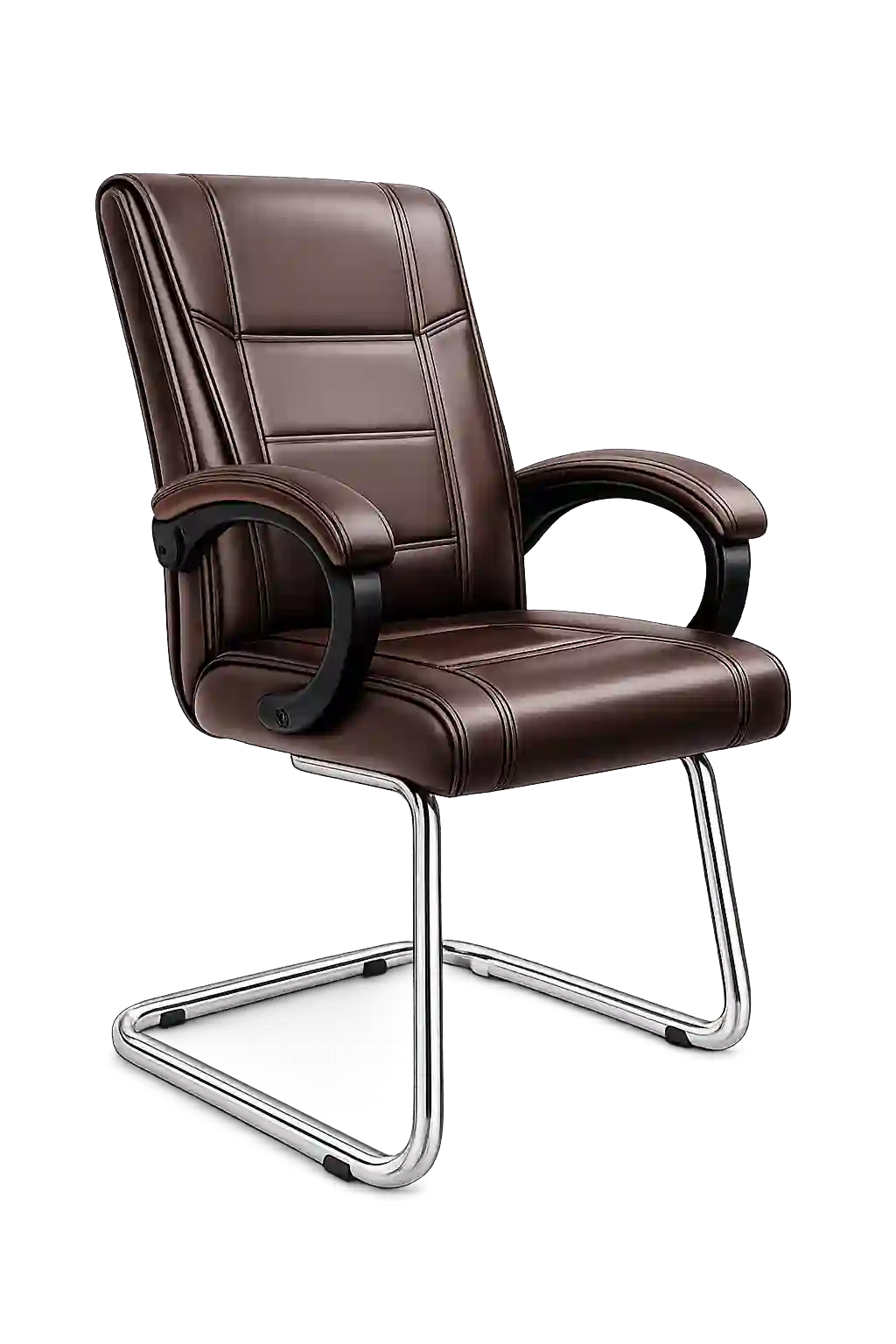 Brown leather office chair with padded backrest and chrome sled base.