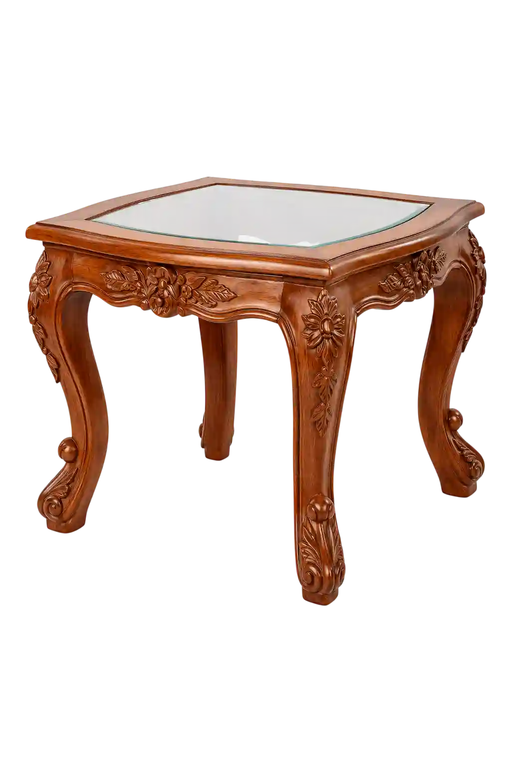 Classic square wooden side table with carved legs.