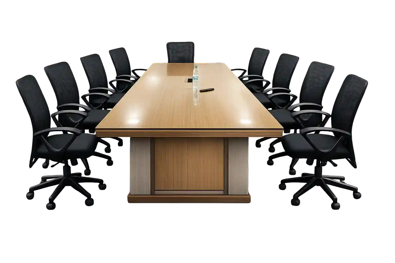 Large wooden conference table with ergonomic seating arrangement.