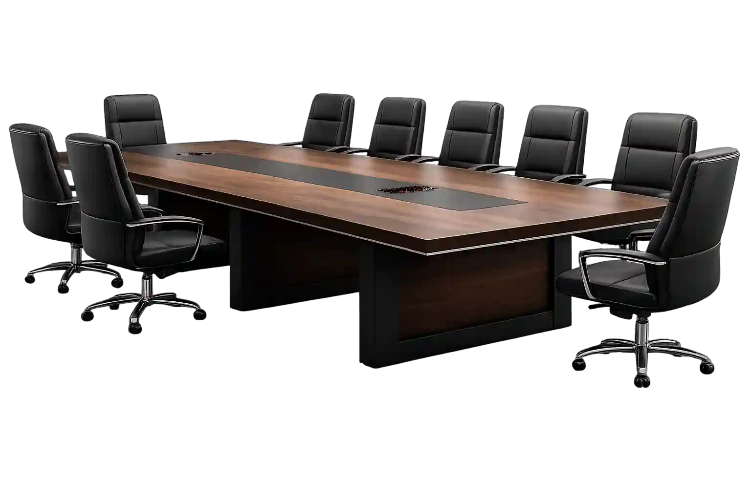 Corporate boardroom table with executive chairs for professional meeting environments.