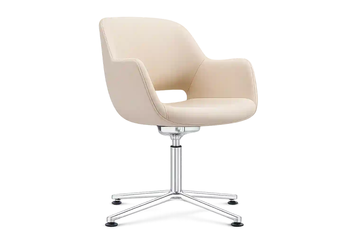 Cream upholstered swivel visitor chair.