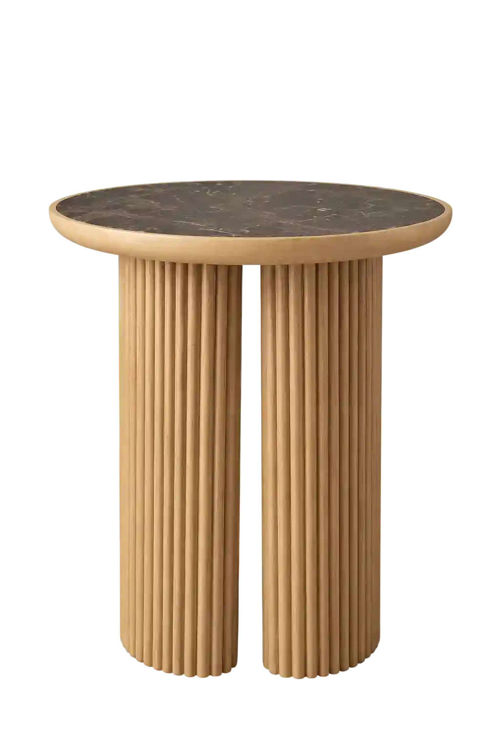 Wooden side table with dual column base.