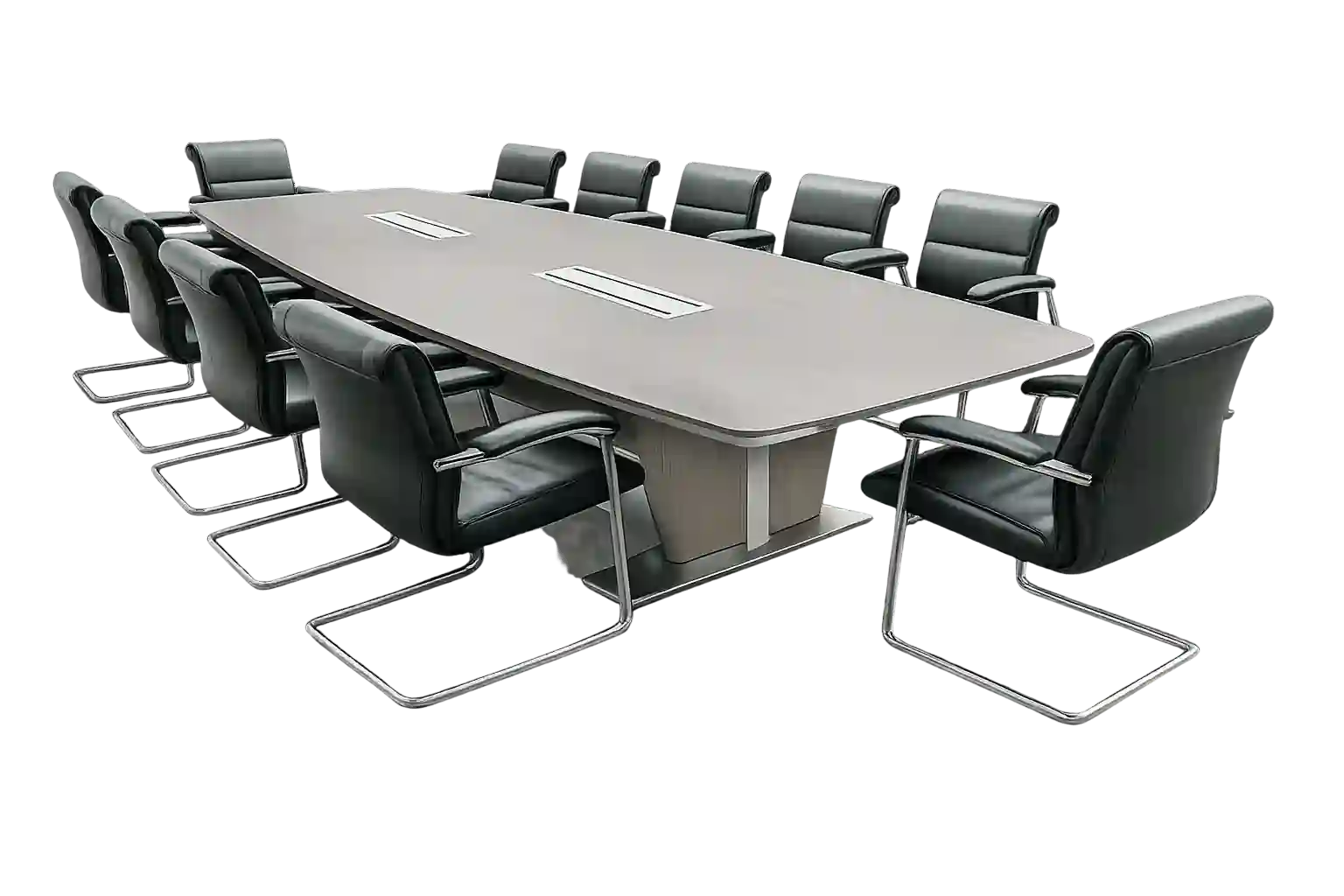 Large rectangular executive boardroom table with premium conference chairs.