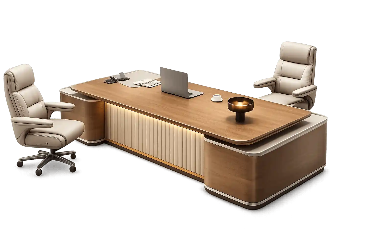Premium executive wooden office desk with matching visitor chairs.