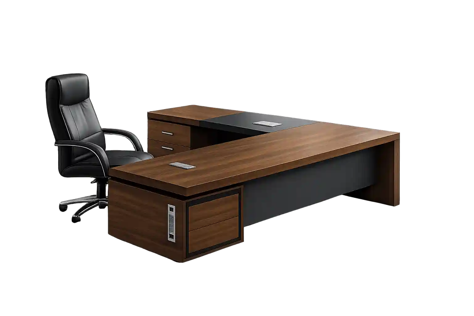 Luxury executive office desk with premium wooden finish and storage drawers.