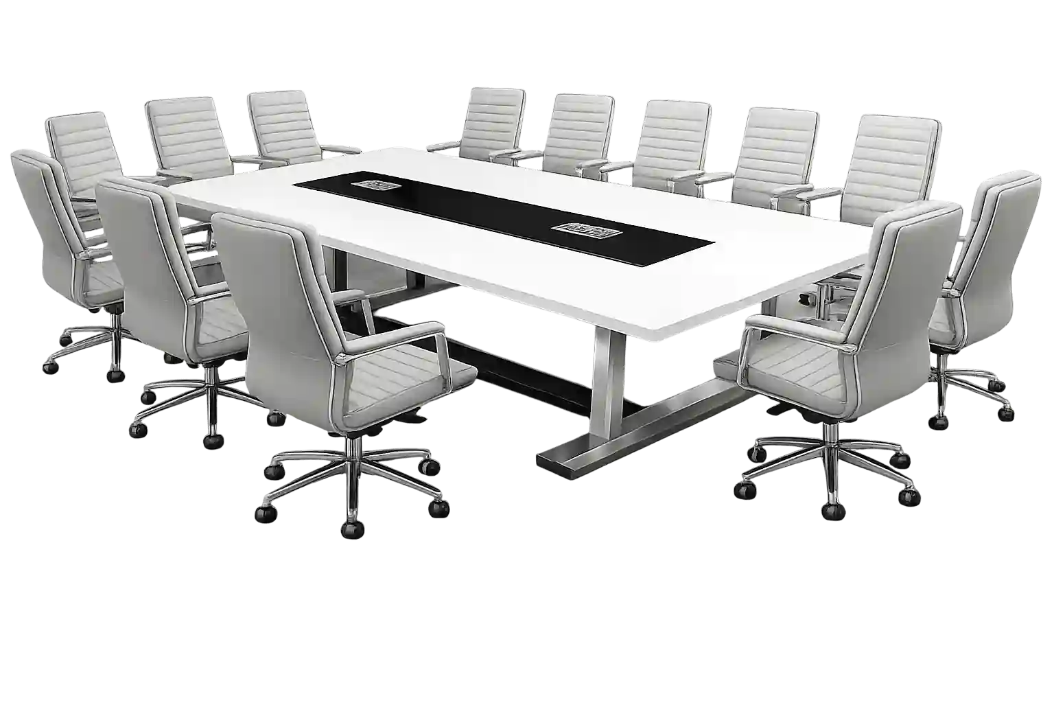 Premium white conference table with executive seating arrangement.