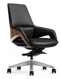 Modern black ergonomic executive chair with wooden accents.