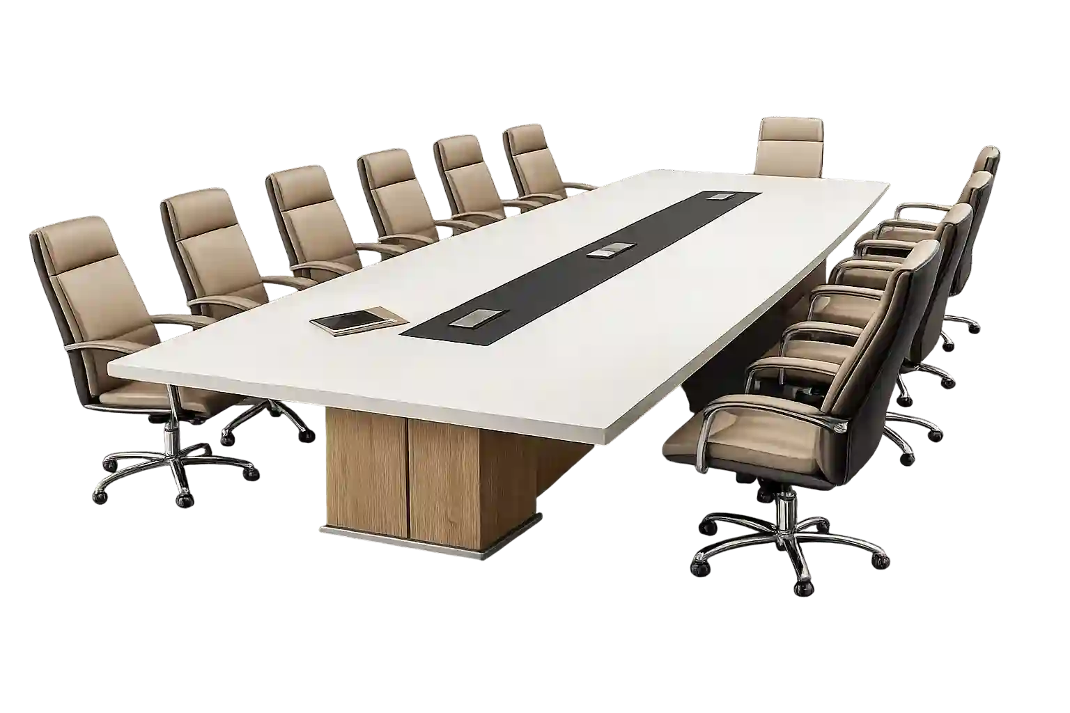 Modern executive boardroom table with ergonomic chairs designed for professional meeting rooms in Qatar.