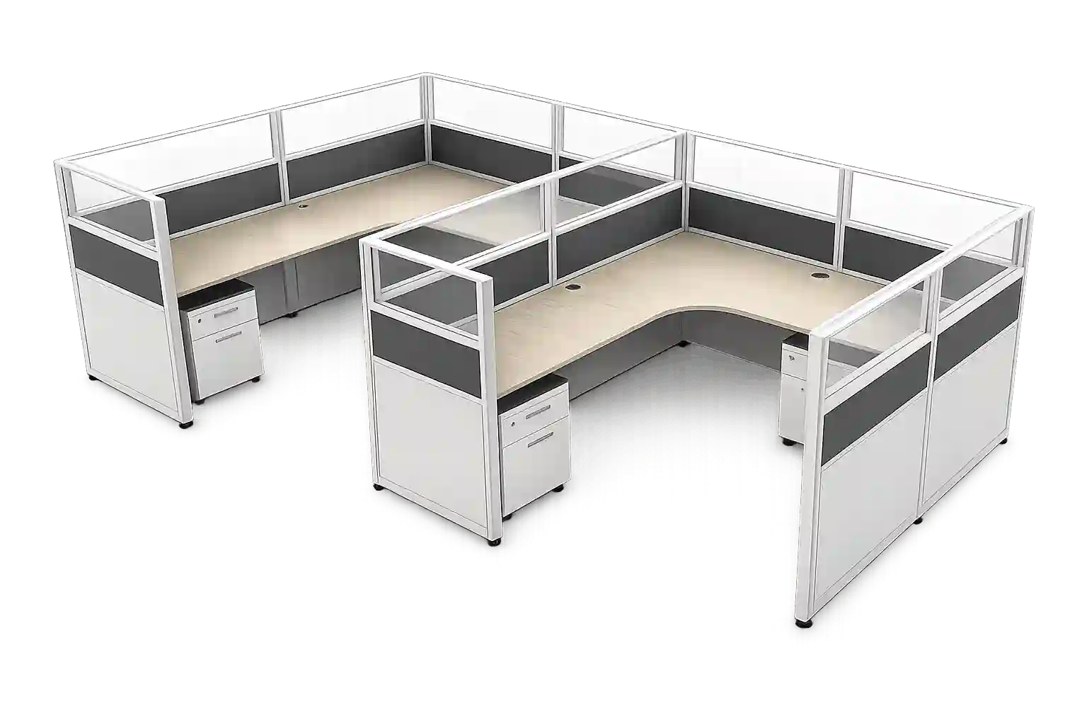 Modular office cubicles for collaborative workspaces.