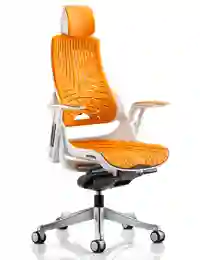 Orange mesh ergonomic office chair with modern design.
