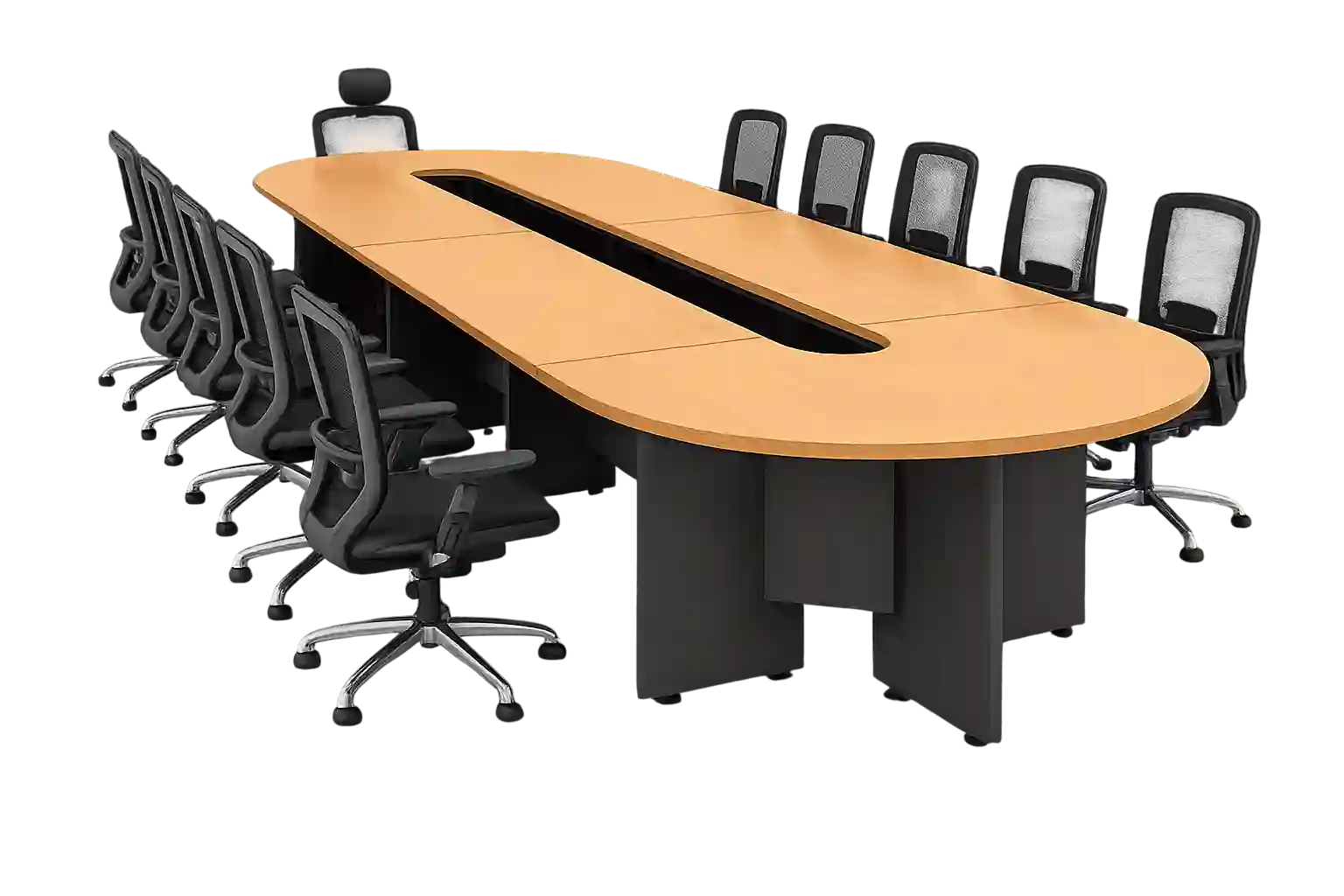 Executive oval conference table with integrated cable management and seating.