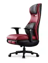 Red and black executive ergonomic mesh chair with headrest and adjustable armrests.