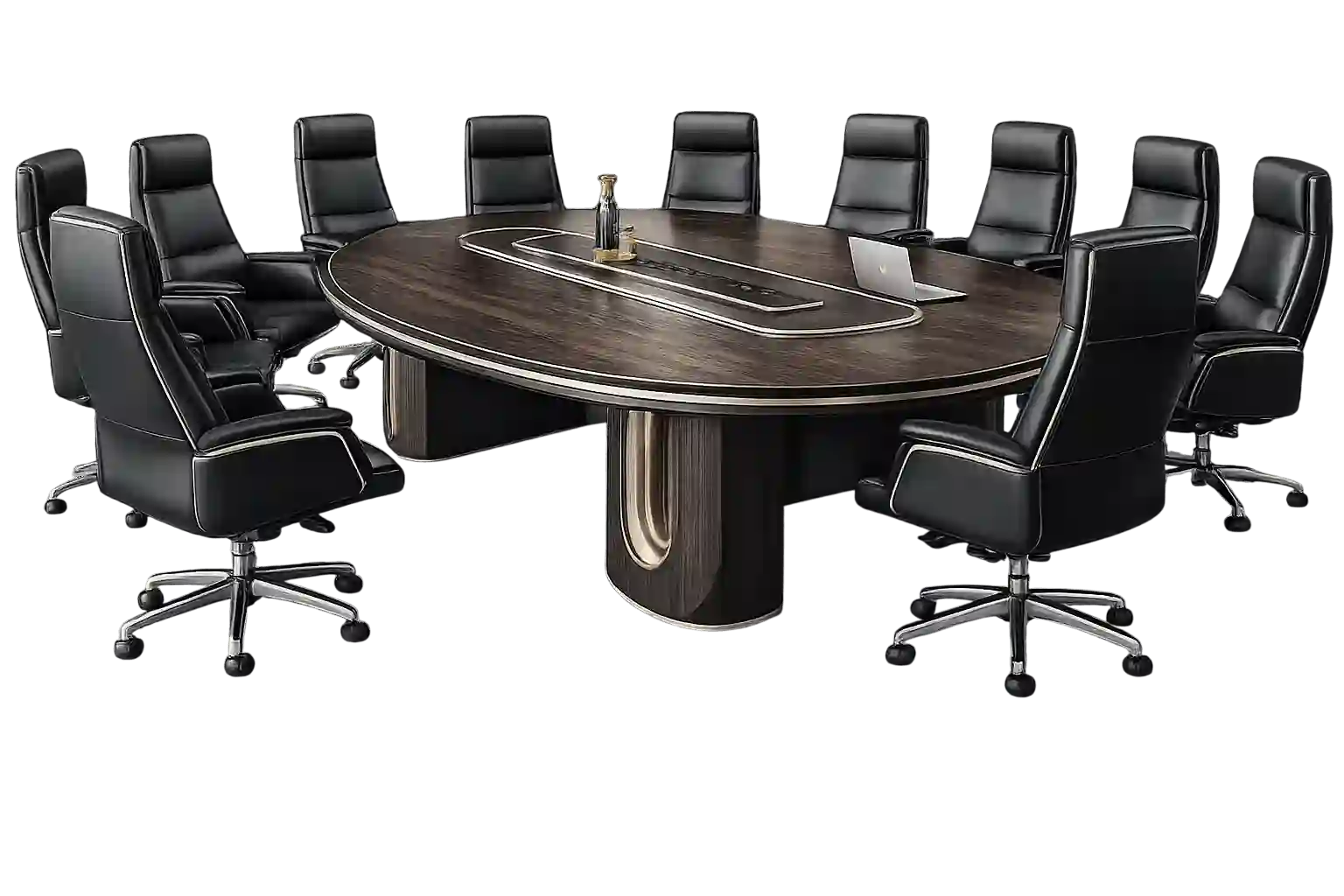 Luxury round boardroom meeting table with executive chairs.