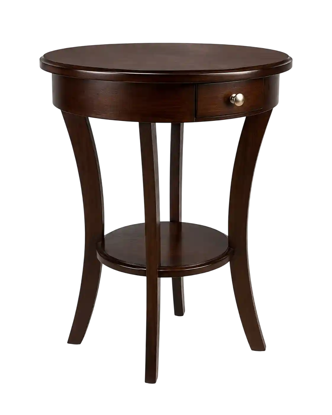 Dark wood round side table with shelf.