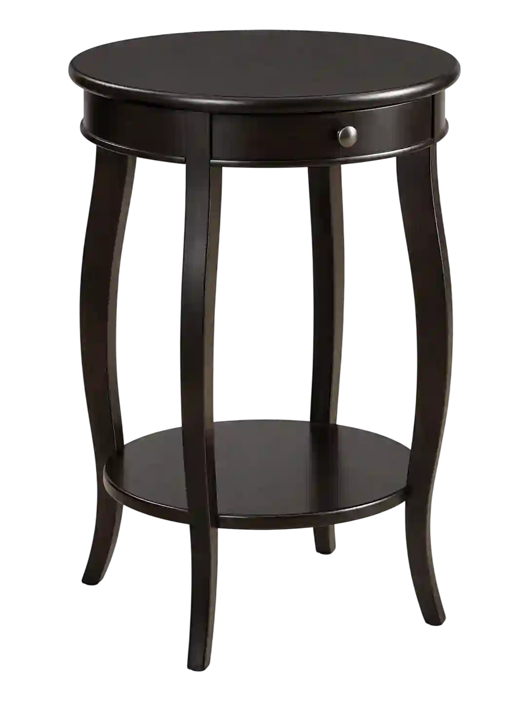 Round wooden side table with lower shelf.
