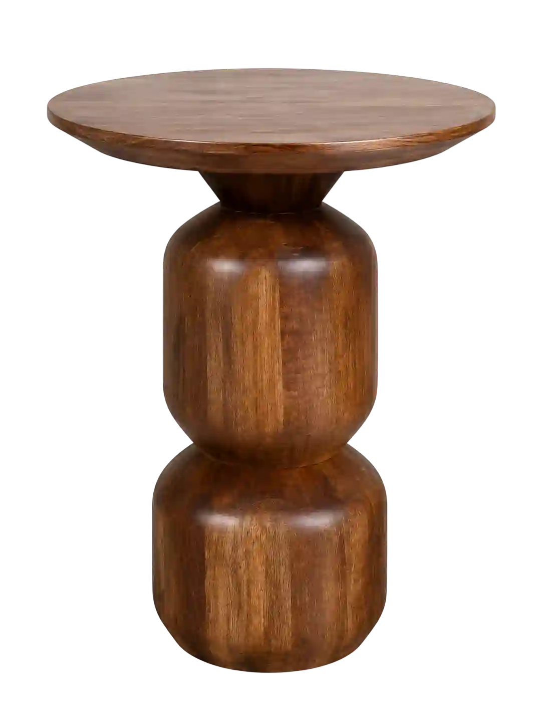 Sculptural wooden side table with rounded base.