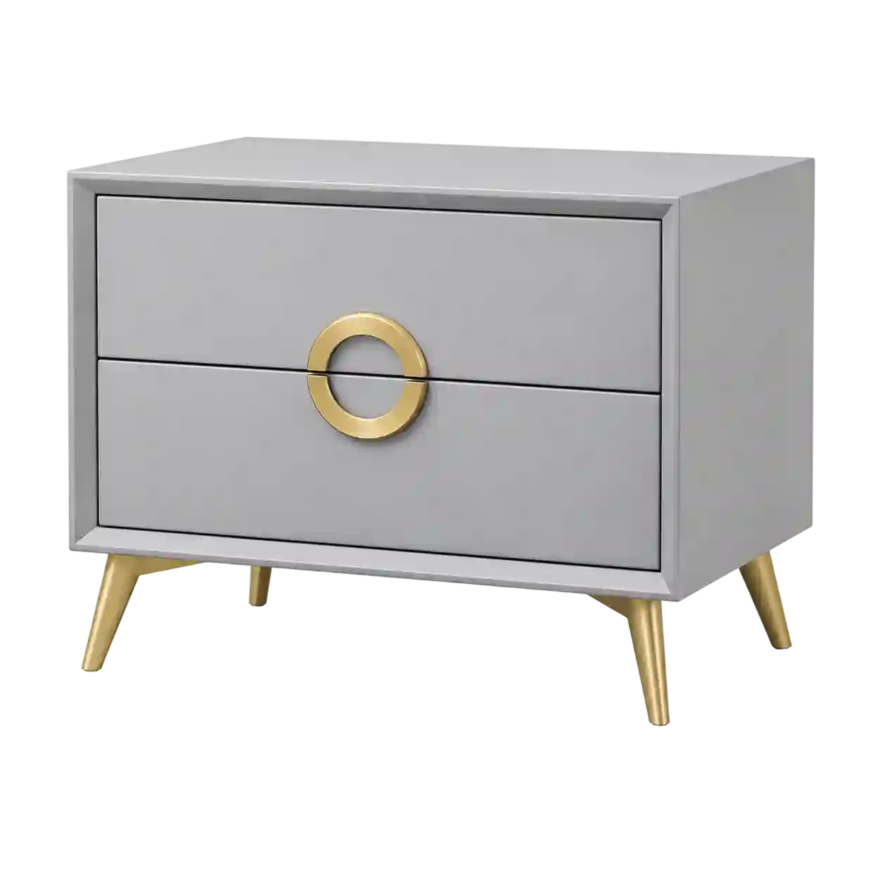 Wooden bedside table with two storage drawers.