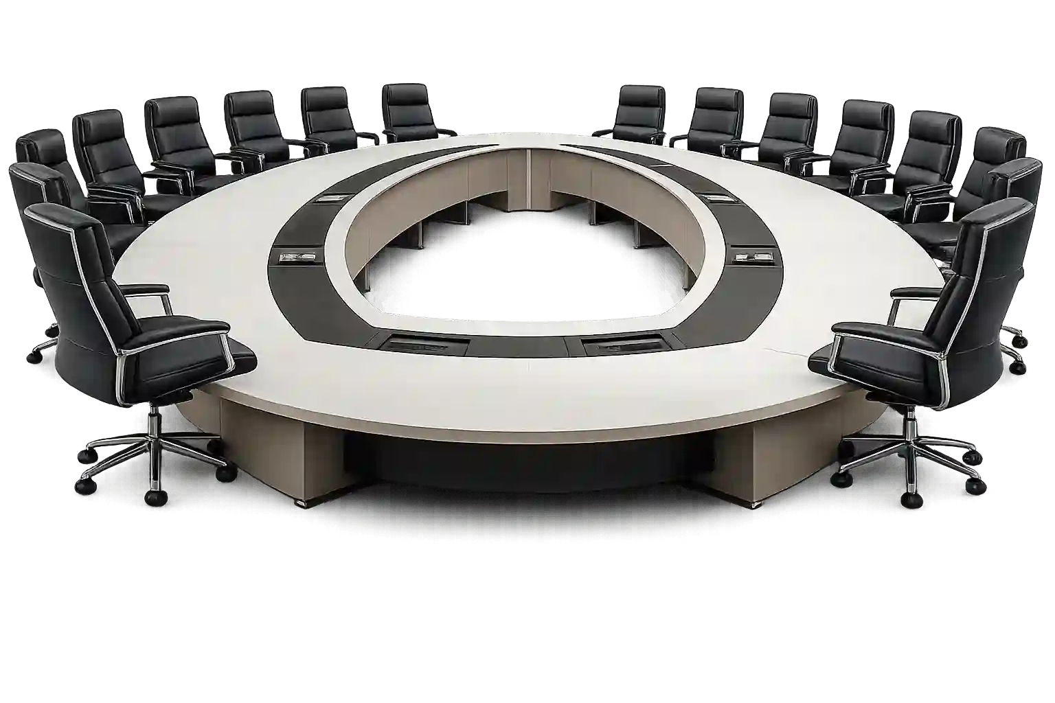 Large U-shaped executive boardroom table with multiple seating positions.