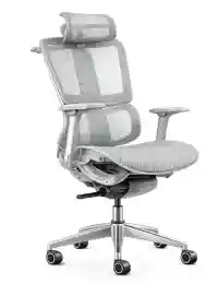 White ergonomic office chair with mesh back and adjustable headrest.