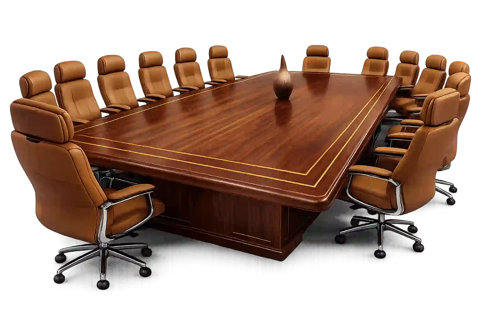 Luxury wooden executive conference table with leather office chairs.