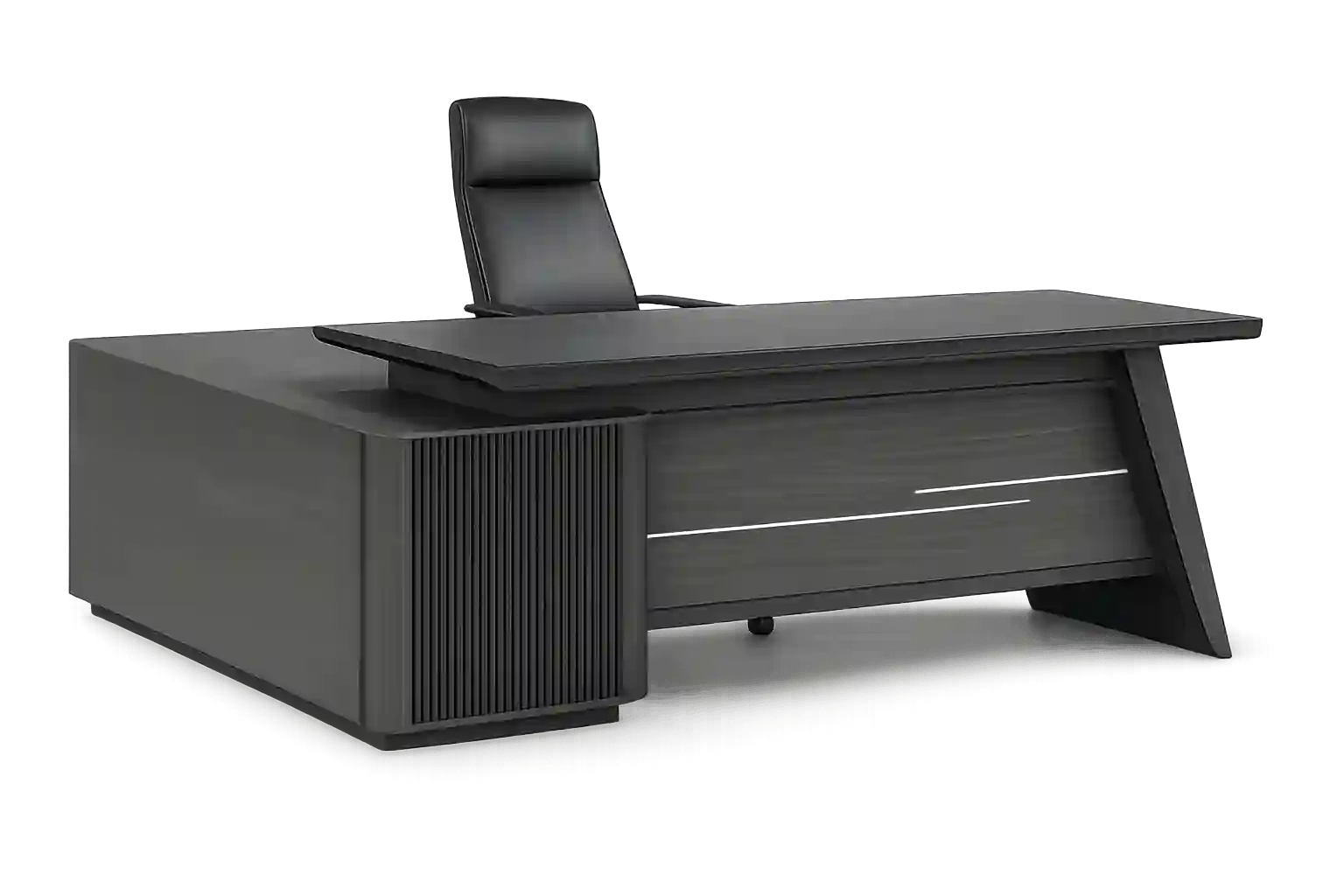 Black executive office desk with premium front panel.