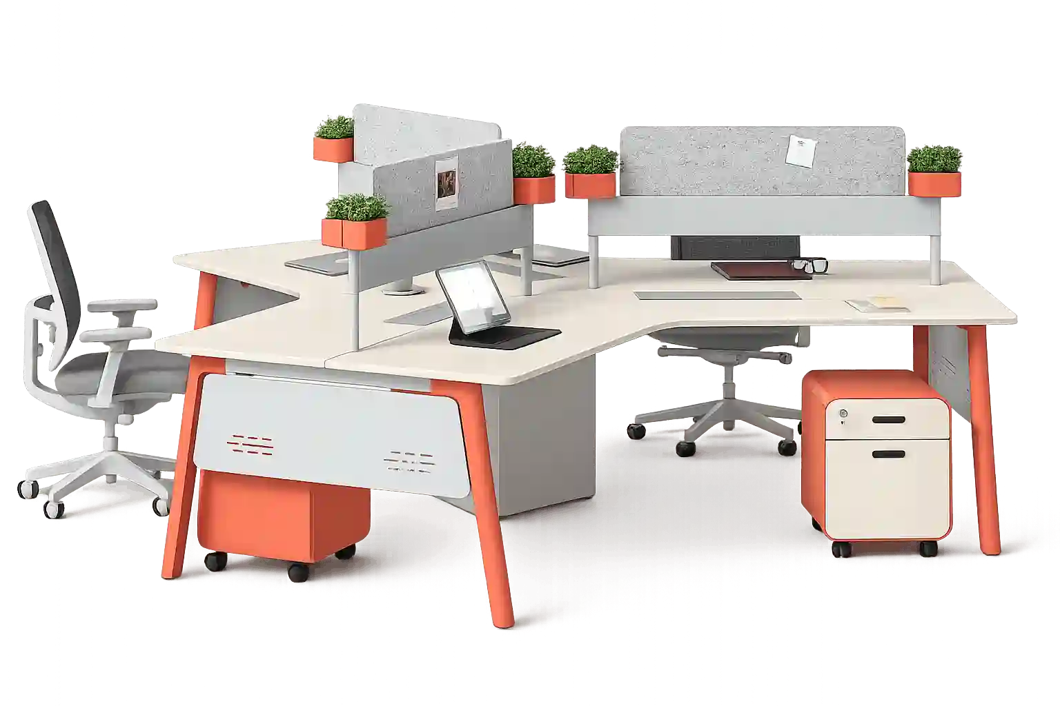 Modern collaborative office workstation with multiple desks.