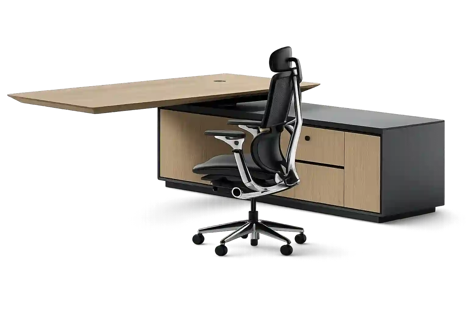 Minimalist executive office desk with side storage.