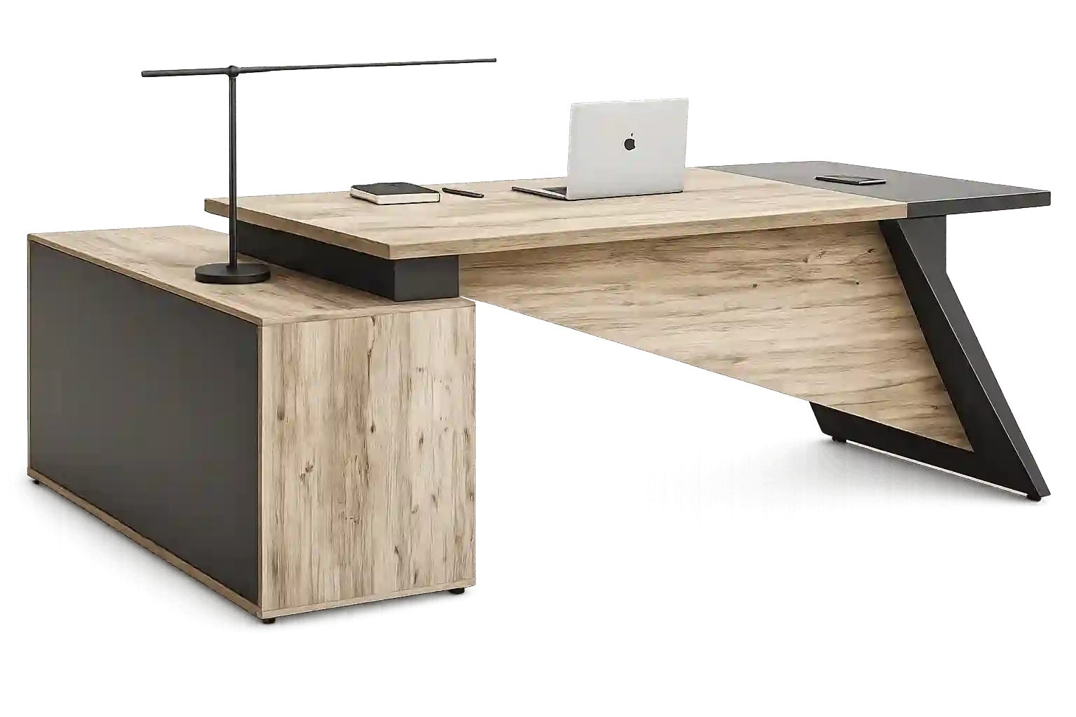Modern L shaped executive office desk with side cabinet.