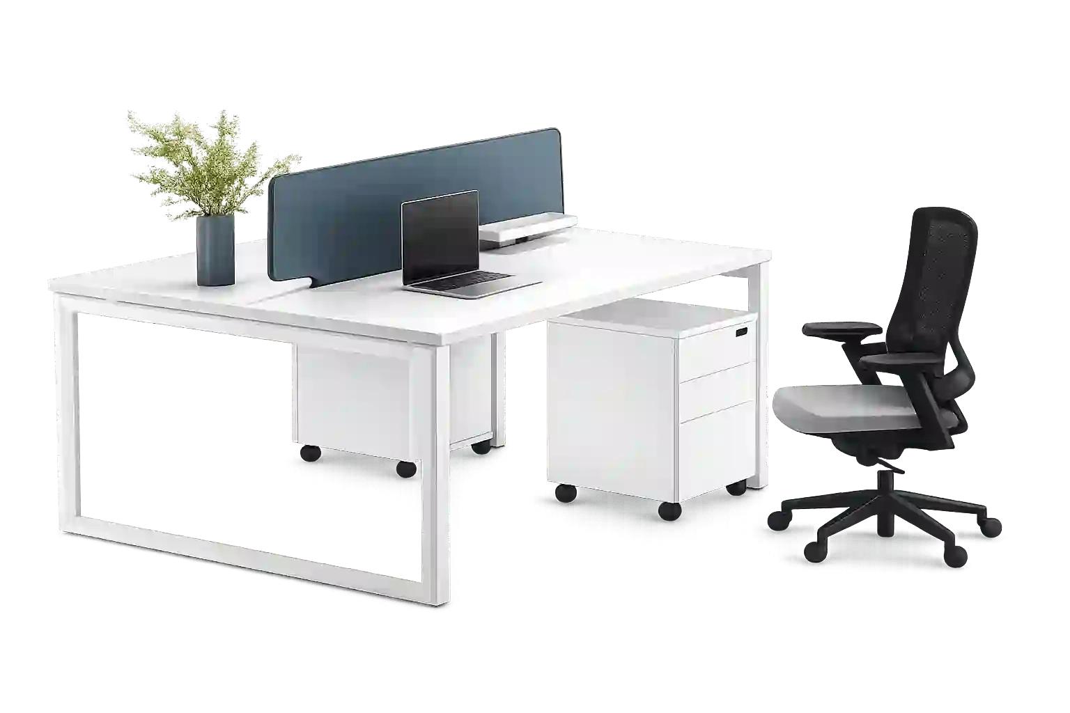 Modern white office workstation desk with storage cabinet and ergonomic chair.